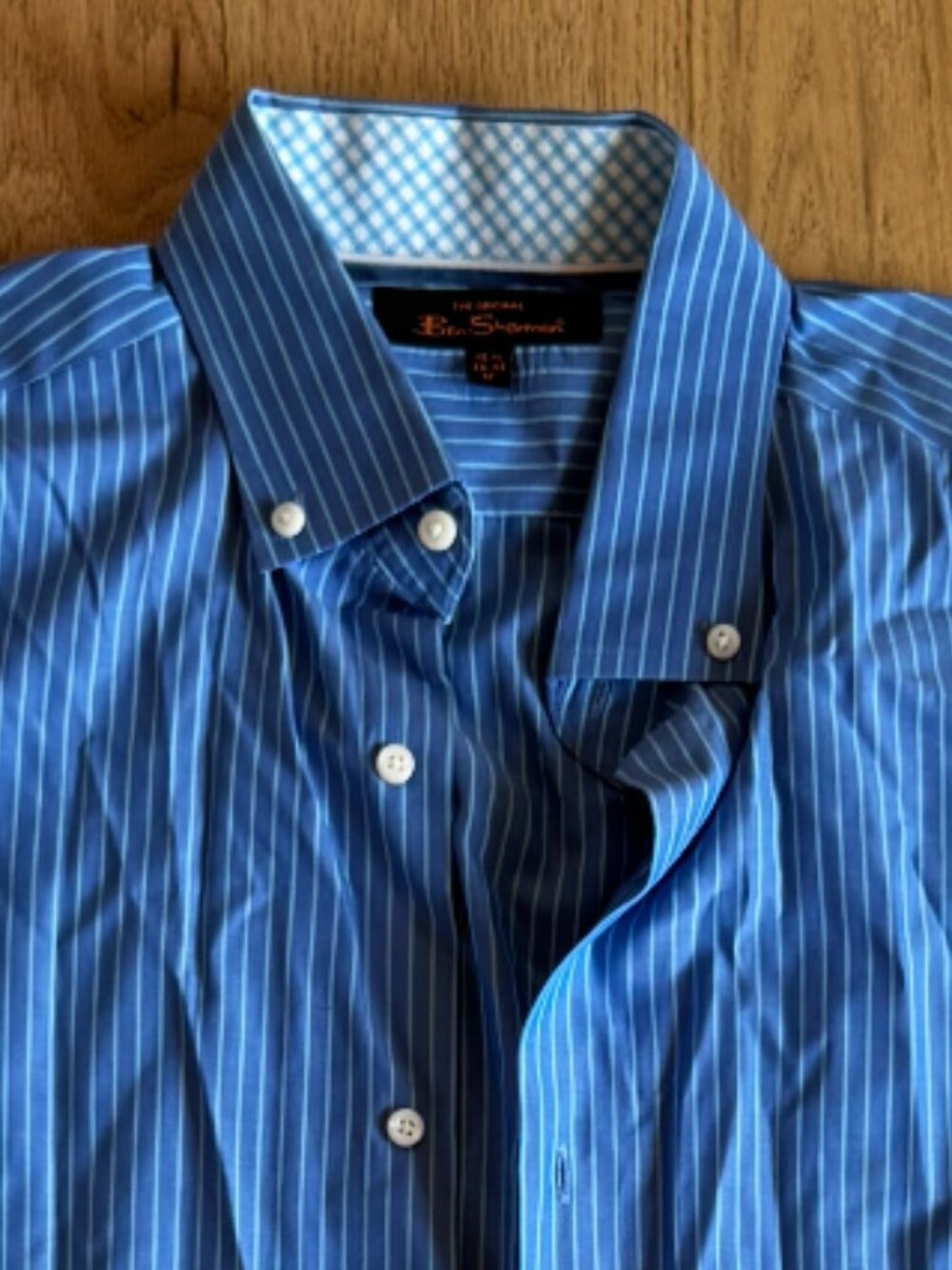 Ben Sherman Blue Striped Shirt Contrast Gingham Men’s M 15.5 34-35